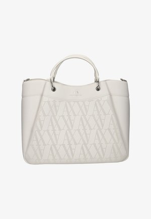 Borsa tote in pelle bianca con motivo a logo perforato, forma strutturata, doppi manici superiori e dettagli in metallo argentato.