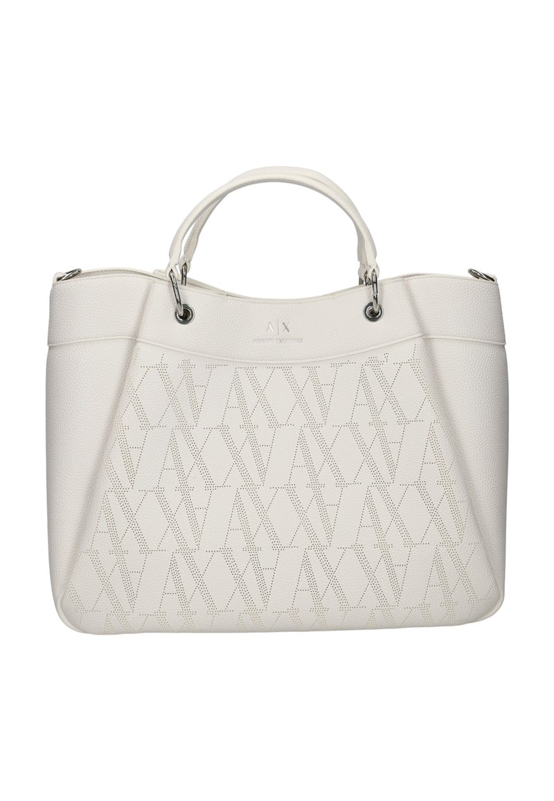 Borsa tote in pelle bianca con motivo a logo perforato, forma strutturata, doppi manici superiori e dettagli in metallo argentato.
