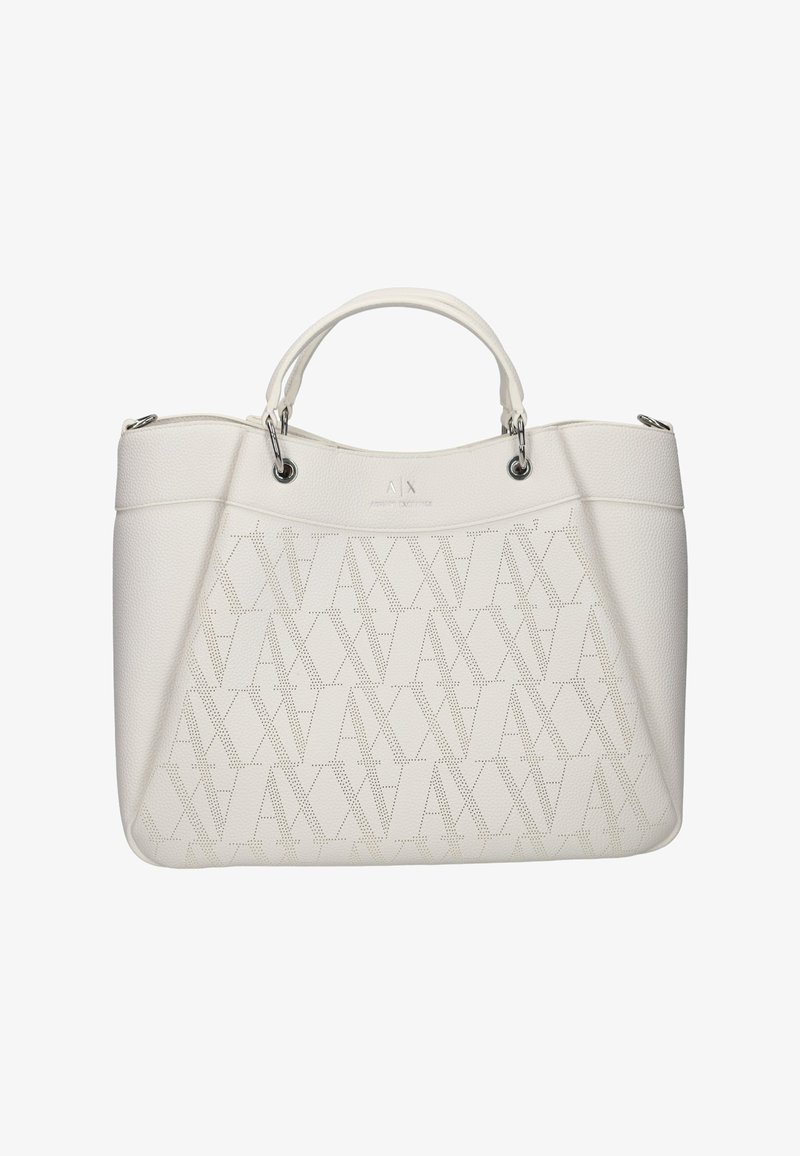 Borsa tote in pelle bianca con motivo a logo perforato, forma strutturata, doppi manici superiori e dettagli in metallo argentato.