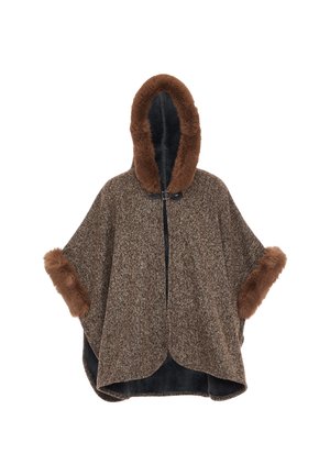 Poncho en tweed marron avec capuche et poignets en fourrure. Caractéristiques : fermeture éclair à l'avant, forme large et texture douce. L'intérieur est de couleur sombre.