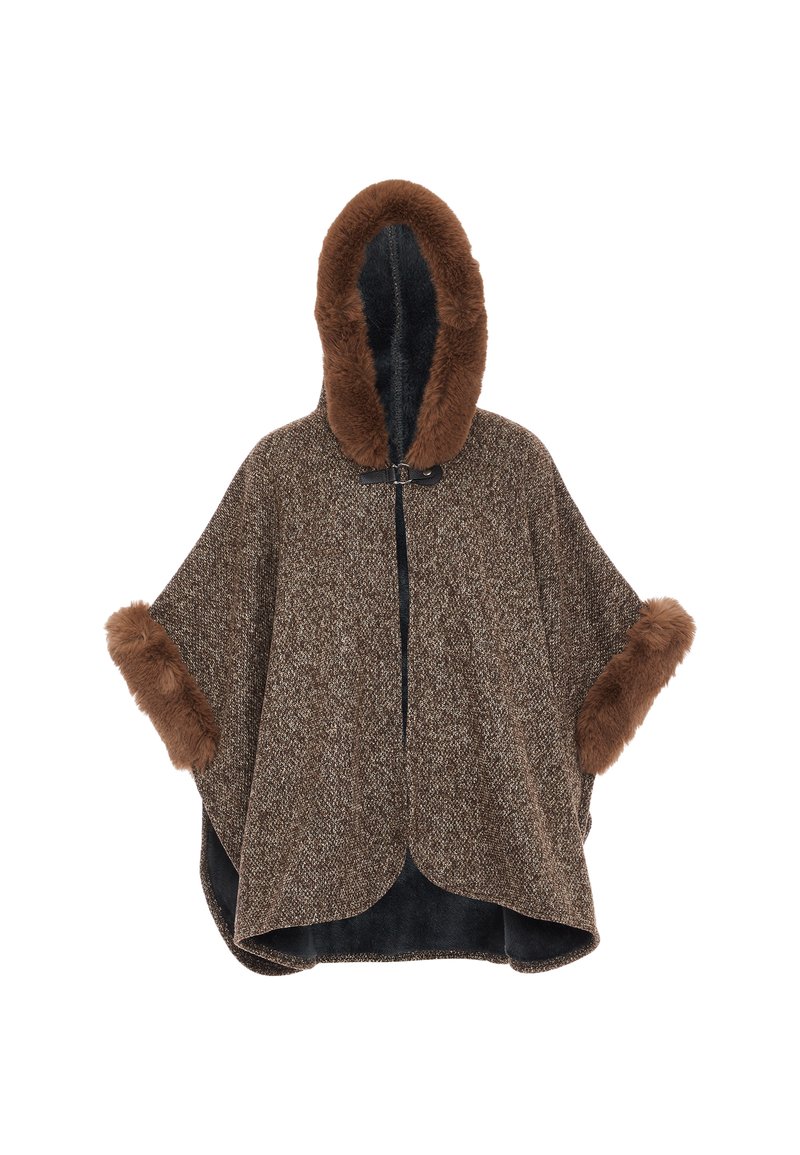 Brun tweed poncho med huva och manschetter i päls. Har en framtida dragkedja, bred form och mjuk textur. Insidan är mörkfärgad.