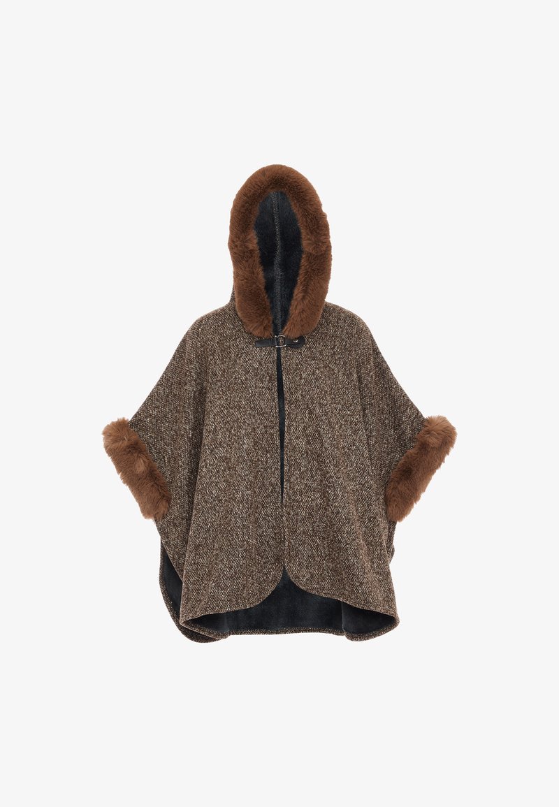 Hnědý tweedový pončo s kapucí a manžetami lemovanými kožešinou. Obsahuje přední zip, široký tvar a měkkou texturu. Vnitřek je tmavé barvy.
