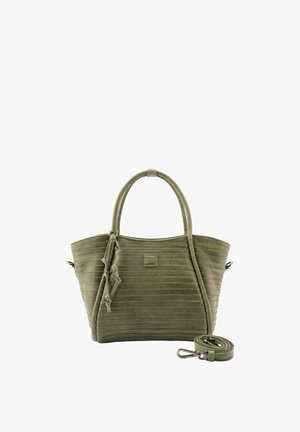 Olivgrüne Lederhandtasche mit zwei Griffen, geflochtenem Quasten-Detail und abnehmbarem Schulterriemen, der neben der Tasche auf weißem Hintergrund aufgewickelt ist.