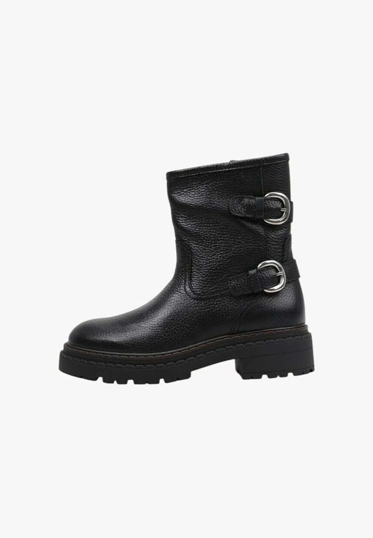 Black leather ankle boot with a textured surface, two silver buckle accents, and a chunky, ridged sole. Features a mid-calf height.