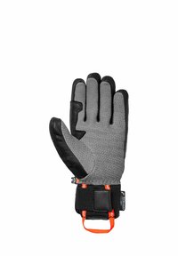 Grauer und schwarzer Winterhandschuh mit strukturiertem Stoff, schlankem Design, verstellbarem Handgelenkriemen und kontrastreichen orangen Akzenten.