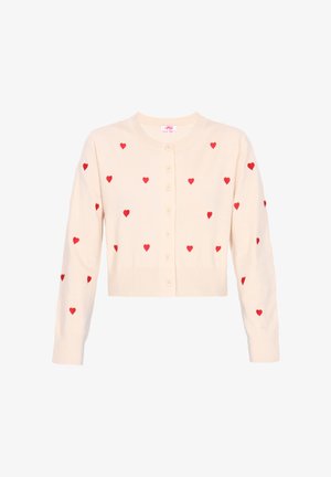 Light beige cardigan with a round neck, featuring red heart patterns, button closure, and ribbed cuffs and hem. Soft knit material.