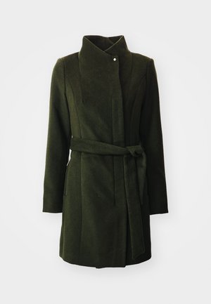 Dark green wool coat with a high collar, tailored fit, side pockets, and a tied belt at the waist. Smooth texture and clean lines.