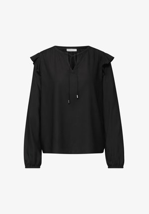 Svart långärmad blus med V-ringning, dragsko och volangdetaljer på axlarna. Mjukt tyg, avslappnad passform med elastiska muddar.