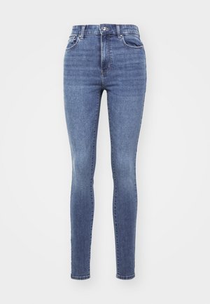 Skinny jeans made of medium wash denim. Features a high waist, five-pocket design, and a classic button and zipper closure. Smooth texture.