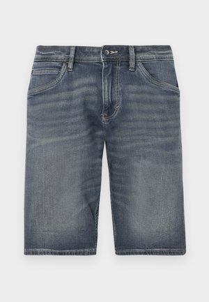Shorts din denim într-o nuanță albastră decolorată, cu închidere prin buton și fermoar, cinci buzunare și detalii vizibile de cusătură.
