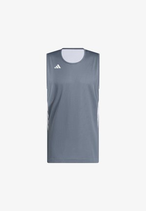 Grå atletisk ærmeløs skjorte lavet af åndbart stof, med rund hals, hvid accentstriber og et logo på den øvre venstre bryst.