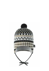 Dzianinowy kapelusz z czarno-białym i beżowym wzorem, z pomponem na szczycie i sznurkiem do pewnego dopasowania. Miękka tekstura, przytulny materiał.