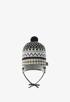 Dzianinowy kapelusz z czarno-białym i beżowym wzorem, z pomponem na szczycie i sznurkiem do pewnego dopasowania. Miękka tekstura, przytulny materiał.
