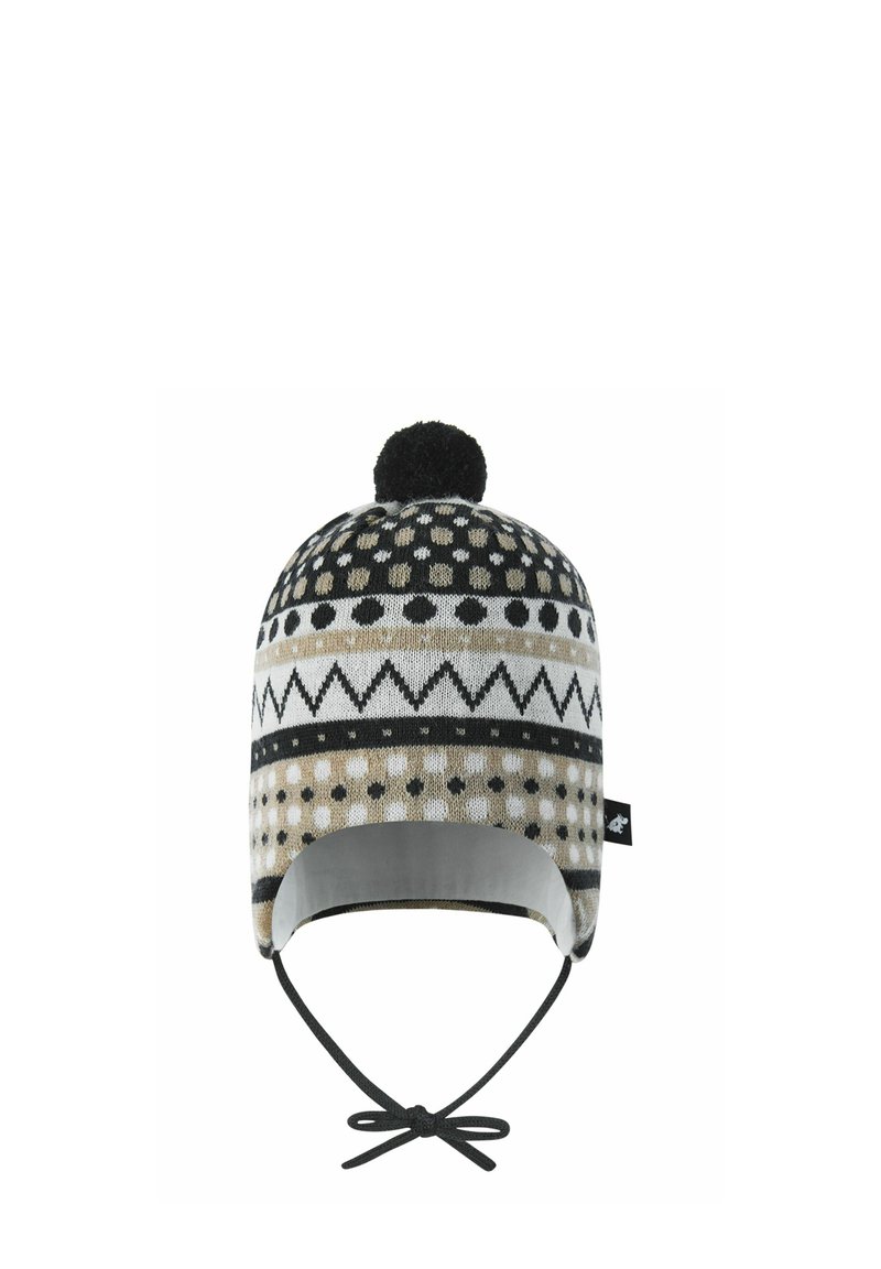 Dzianinowy kapelusz z czarno-białym i beżowym wzorem, z pomponem na szczycie i sznurkiem do pewnego dopasowania. Miękka tekstura, przytulny materiał.