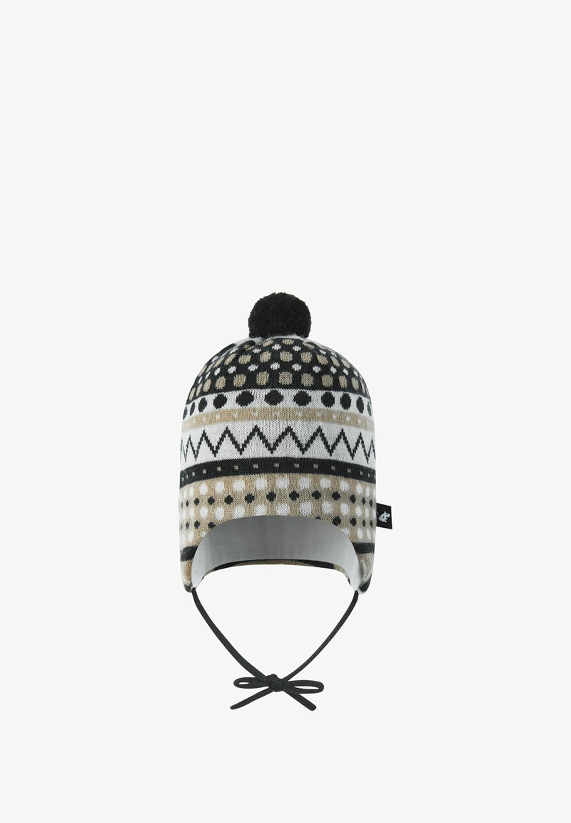 Dzianinowy kapelusz z czarno-białym i beżowym wzorem, z pomponem na szczycie i sznurkiem do pewnego dopasowania. Miękka tekstura, przytulny materiał.