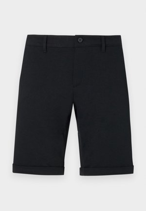 Μαύρο βαμβακερό σορτς με κλείσιμο με κουμπί, ραμμένο σχέδιο και γυρισμένο τελείωμα. Διαθέτει εμπρόσθιες τσέπες και λεία υφή.