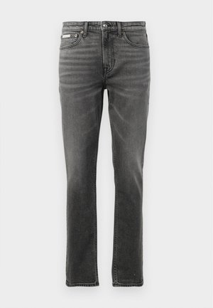 Mørkegrå denimjeans med rette ben, fem lommedesign, subtile falmønstre og metallhardware-accenter ved taljen.
