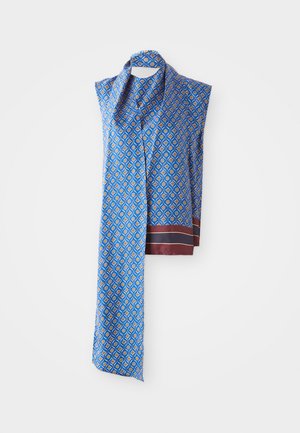 Silk scarf featuring a blue diamond pattern with yellow accents, a maroon border, and a smooth texture. Measures approximately 150 cm.
