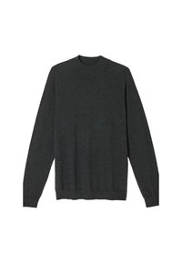 Dunkelgrauer Pullover, gestrickte Textur, Rundhalsausschnitt, lange Ärmel, gerippte Enden, ausgewogene Form, keine sichtbaren Muster oder Verzierungen.