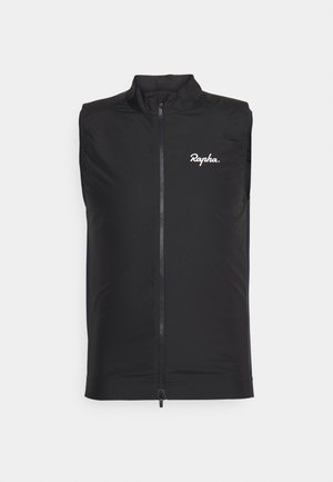 Veste de cyclisme sans manches noire en tissu léger, avec un col montant et une fermeture éclair à l'avant, portant le logo blanc "Rapha" sur le côté gauche de la poitrine.