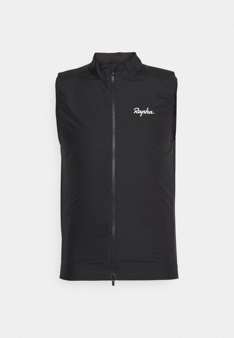 Veste de cyclisme sans manches noire en tissu léger, avec un col montant et une fermeture éclair à l'avant, portant le logo blanc "Rapha" sur le côté gauche de la poitrine.
