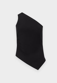 Débardeur noir asymétrique avec une bretelle unique ; fabriqué en tissu extensible à texture lisse et fronces sur le côté.