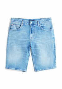 Shorts in denim azzurro con una finitura sbiadita, dotati di una vita standard, cinque tasche, una zip frontale e chiusura con bottone in metallo.