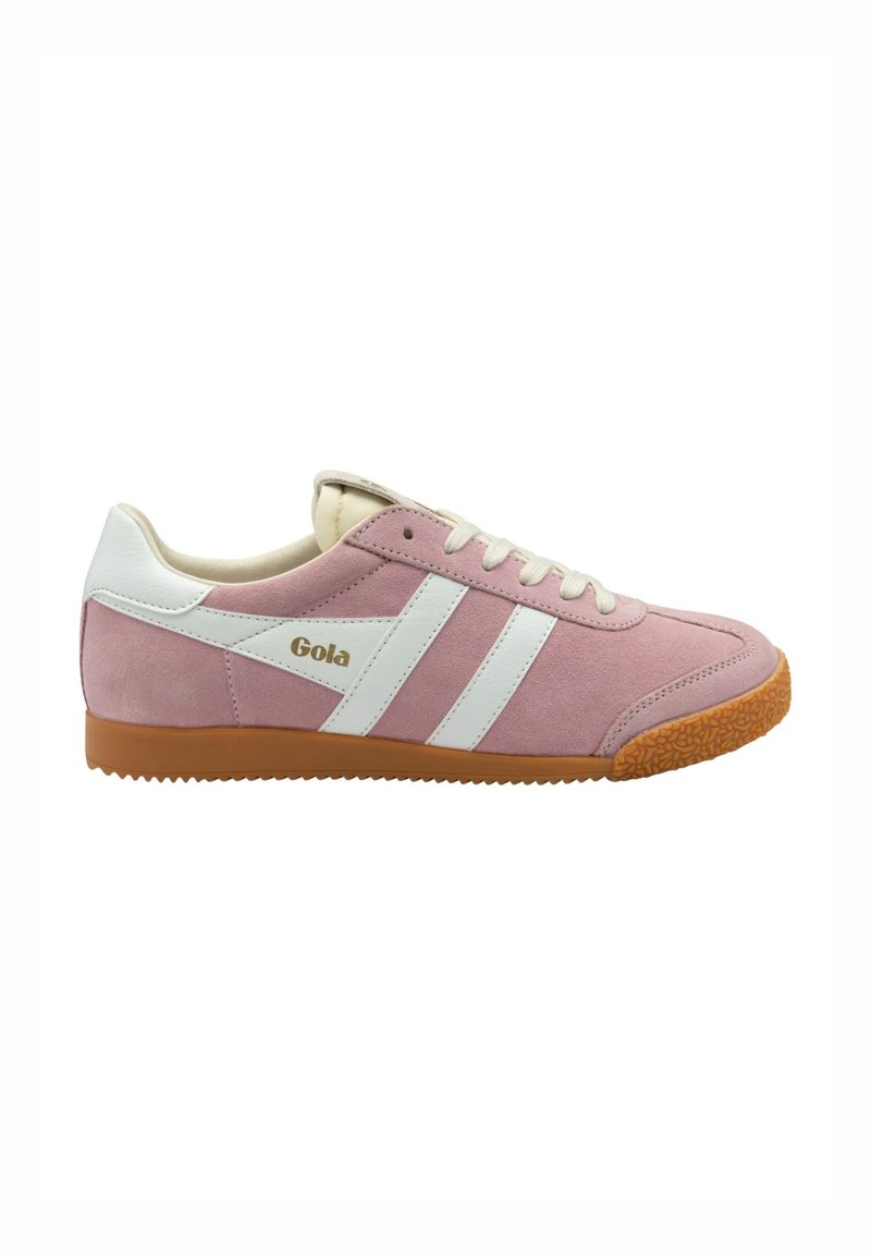 Zapatillas de ante rosa con rayas y logotipo de cuero blanco, con una suela de goma texturizada y acentos beiges.