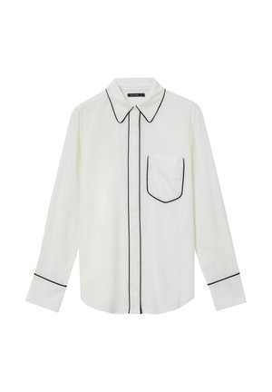 Weißes Langarmhemd mit schwarzem Paspel an Kragen, Knopfleiste, Manschetten und Brusttasche.