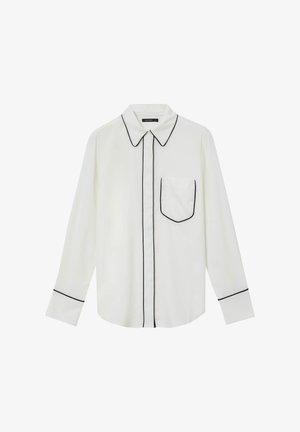 Weißes Langarmhemd mit schwarzem Paspel an Kragen, Knopfleiste, Manschetten und Brusttasche.