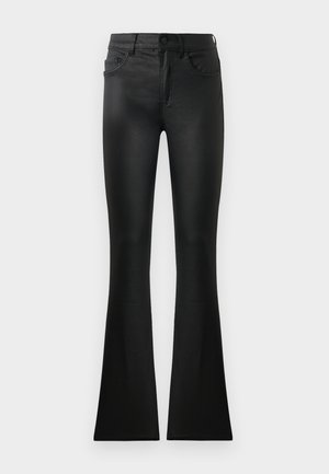 Jeans neri a zampa d'elefante realizzati in un tessuto morbido e elasticizzato; presentano cinque tasche, passanti per cintura e una chiusura con bottone.