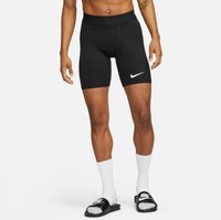 Shorts de sport noirs avec une coupe ajustée, présentant un logo swoosh blanc de Nike sur la cuisse gauche et une taille élastique lisse.