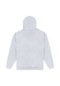 Felpa con cappuccio grigio chiaro vista da dietro, con maniche lunghe e polsini e fondo a coste.