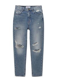 Ljusblå denimjeans med rak bendesign, med flera slitna lappar och fransade detaljer, standard femficksdesign.