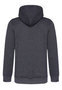 Hoodie grigio scuro con un tessuto testurizzato, tasche frontali, maniche lunghe e cappuccio con stringa. Dettagli a costine visibili su polsini e orlo.