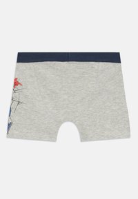 Grå bomuldsboxershorts med en navy waistbånd, der har et farverigt grafisk design på venstre side. Blød tekstur, mellemhøj skæring.