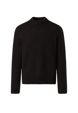 Schwarzer Strickpullover mit rundem Ausschnitt, gerippten Bündchen und Saum. Hat vertikale Texturakzente an den Schultern.