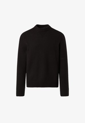 Black knitted sweater with a rounded neckline, ribbed cuffs, and waistband. Features vertical texture accents on the shoulders.