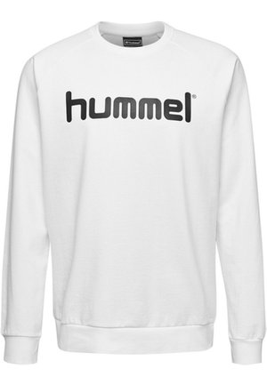 Sweatshirt blanc avec un logo "hummel" noir en gras, en tissu doux, col rond, et poignets et ourlet côtelés. Coupe standard, sans motifs.