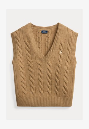 Mouwloos kabelgebreide trui in kamelkleur met V-hals en Polo Ralph Lauren-logo geborduurd op de borst.