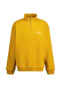 Yellow sweatshirt with a high collar and half-zip design. Features a white "Golf Riders" logo on the chest and ribbed cuffs.