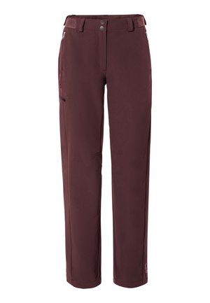 Pantalons d'extérieur bordeaux à coupe droite, avec deux poches latérales et une poche zippée sécurisée, fabriqués dans un tissu durable et texturé.