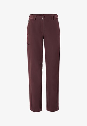 Pantalons d'extérieur bordeaux à coupe droite, avec deux poches latérales et une poche zippée sécurisée, fabriqués dans un tissu durable et texturé.