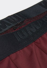 Bordové sportovní šortky s černým elastickým pasem, zdobené texturovaným logem. Tkanina se zdá být hladká s jemným leskem a záhyby.