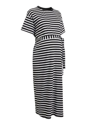 Black and white horizontal striped knee-length maternity dress with short sleeves and a matching striped waist tie.