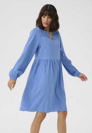 Blue dress with long puff sleeves, a V-neckline, and textured bodice. Flowy silhouette and knee-length, made from lightweight fabric.