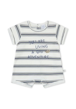 Pelele blanco para bebé con rayas horizontales azul marino y texto "ESTÁS VIVIENDO UNA GRAN AVENTURA" con un pequeño gráfico de un barquito de papel.