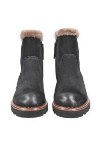Botas de tobillo de cuero negro con un acabado suave, que cuentan con un suave collar de piel de tono marrón, cremallera lateral y una suela robusta y texturizada.