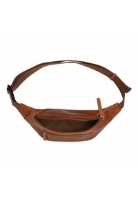 Marsupio in pelle marrone con un compartimento principale con cerniera e una tasca frontale aggiuntiva. Cinturino regolabile in tessuto. Texture liscia, accenti triangolari.