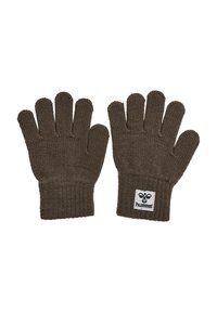 Gants en tricot marron à cinq doigts, avec des poignets côtelés et une étiquette blanche arborant un logo. Ils présentent un matériau texturé et durable.